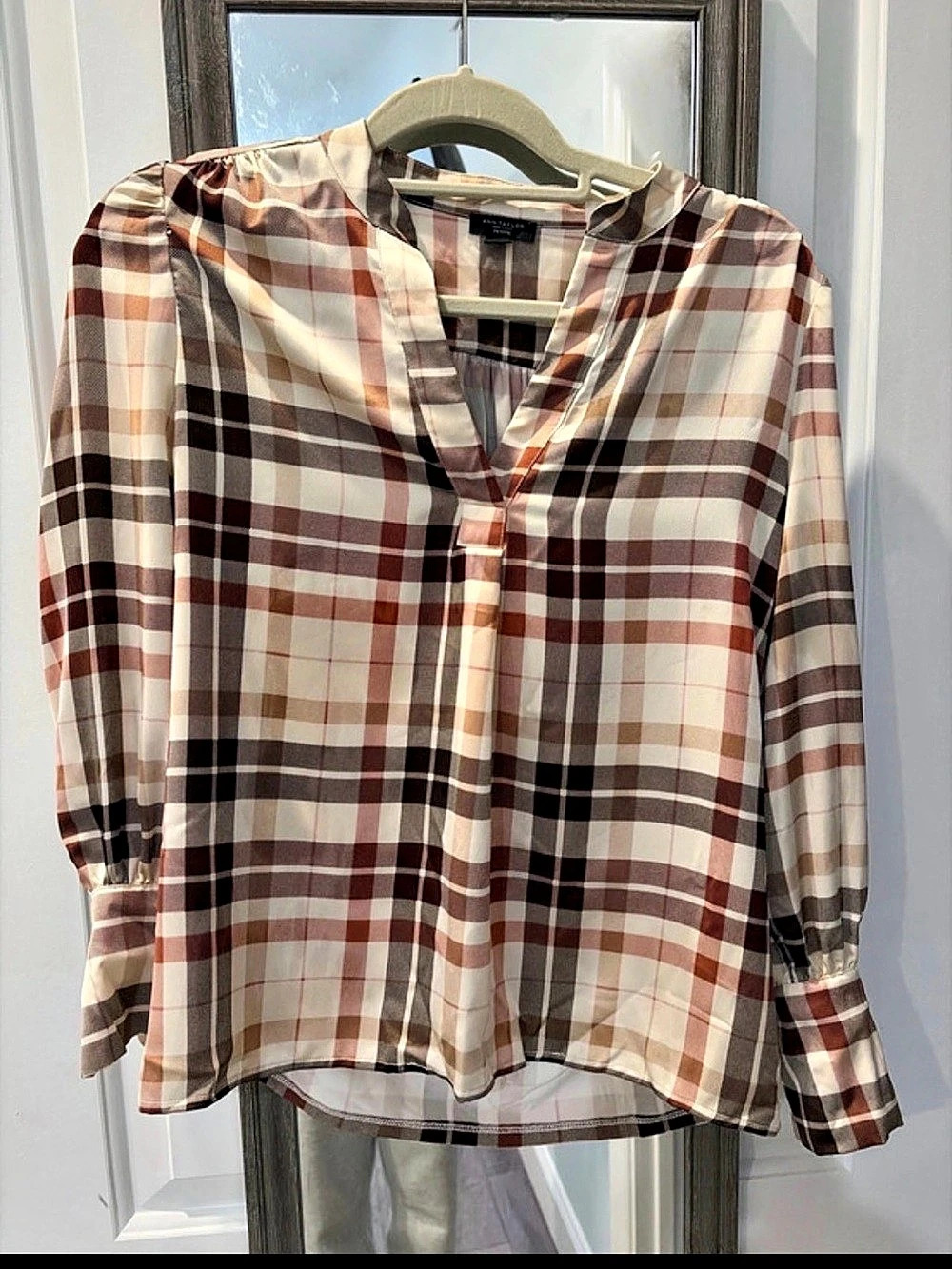 Ann Taylor Plaid Blouse Brown & White Size XS Petite Like New